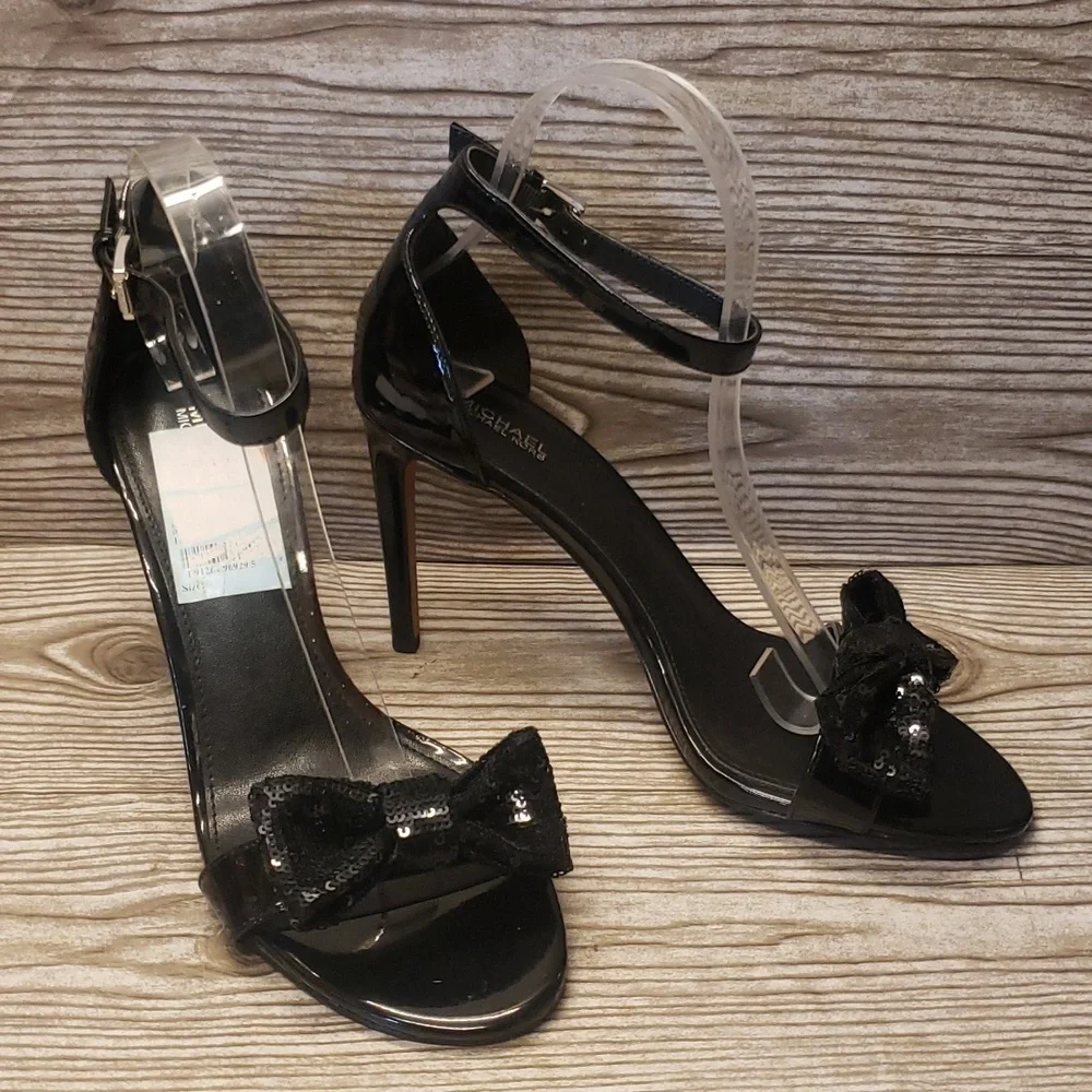 MK black patent leather high heel ankle strap sequin bow woman sandals size 8.5